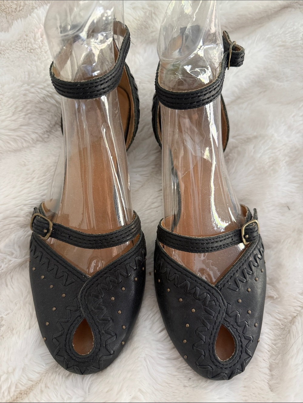 Frye Black Leather Peep-Toe Ankle-Strap Mules